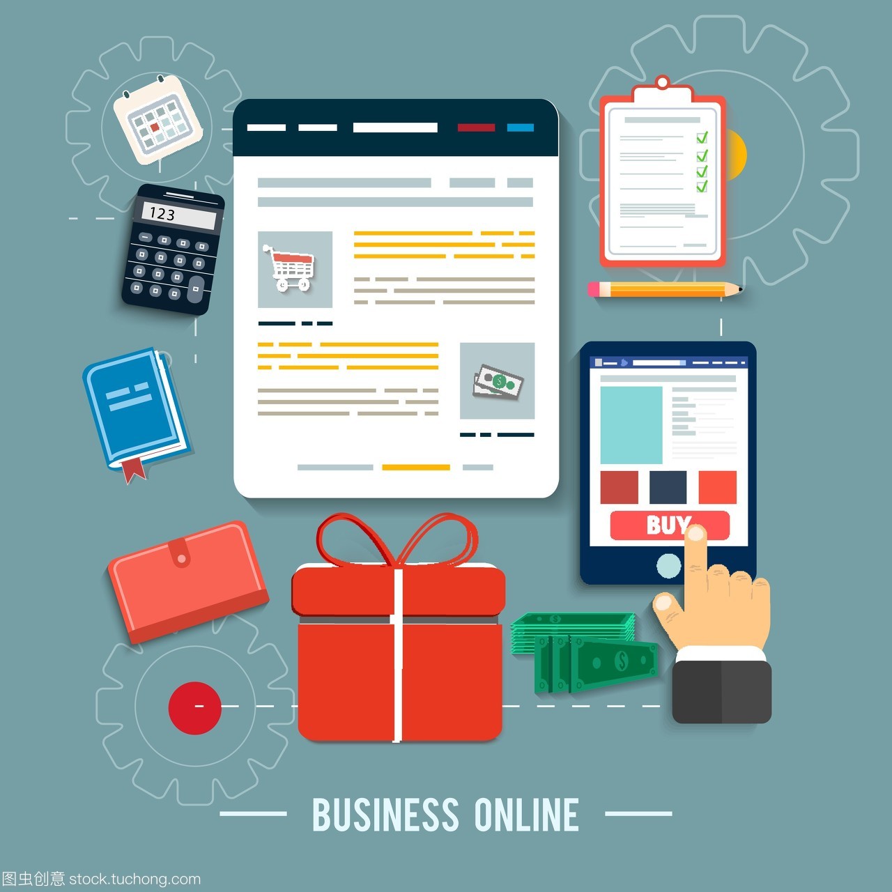 業(yè)務網絡圖標。在平面設計中通過網上商店和電子商務思想符號和購物元素購買產品圖標的海報概念
